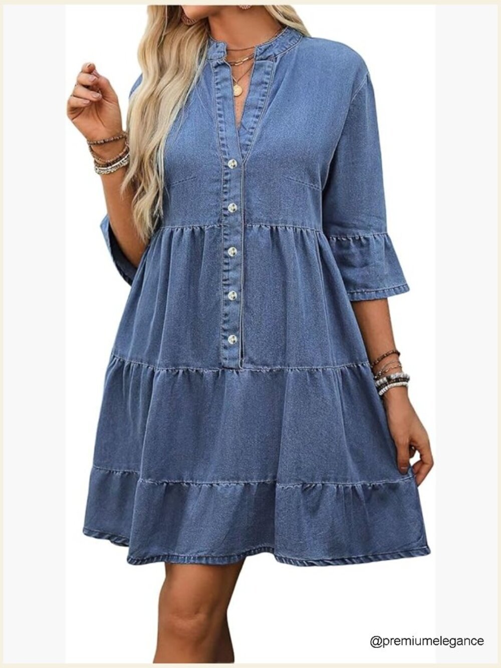 Women's 3/4 Sleeve Button Down Tiered Flowy Denim Shirt Dress with Pockets